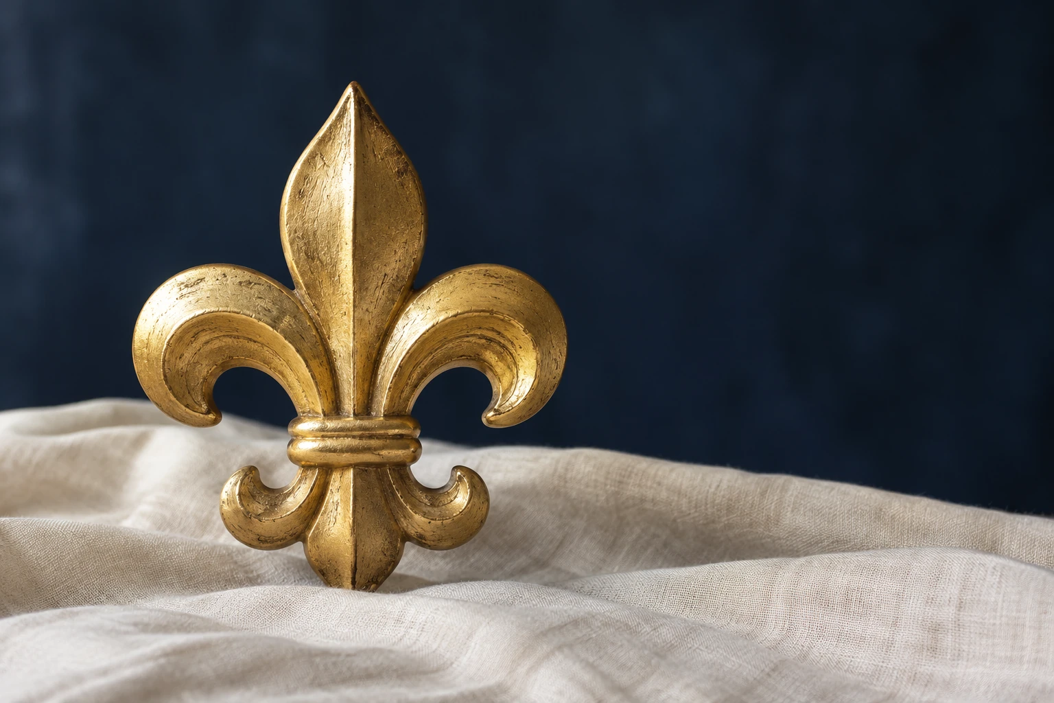 Fleur-de-lys dorée posée sur tissu clair devant fond bleu nuit