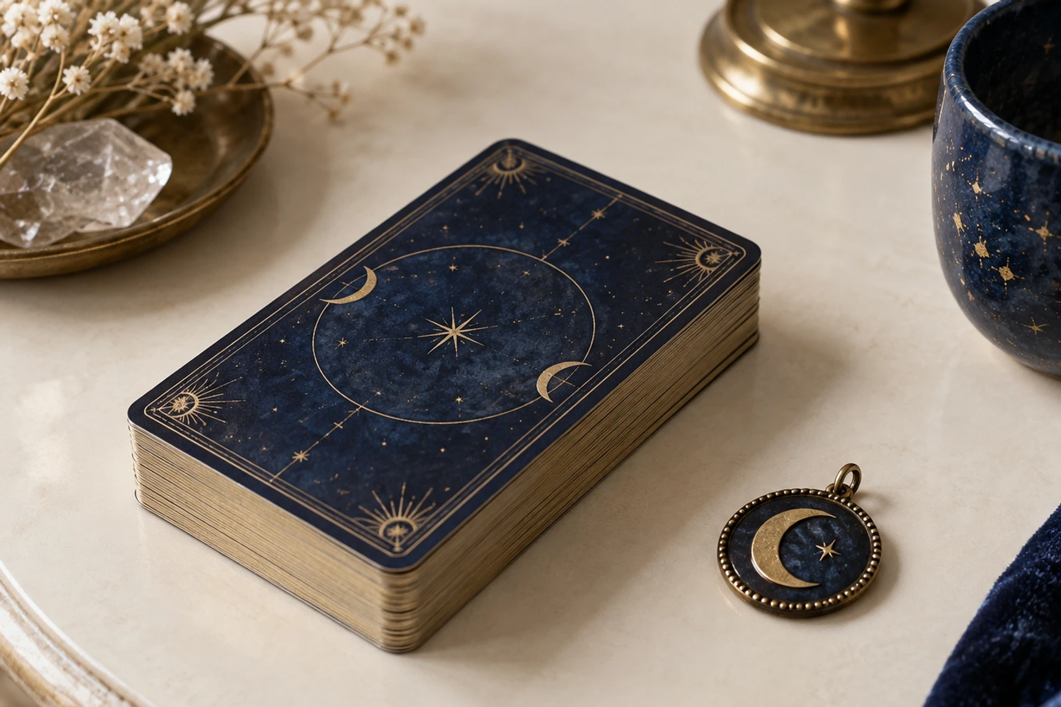Jeu de cartes de tarot bleu nuit orné d’étoiles, pendentif lune et cristal proche