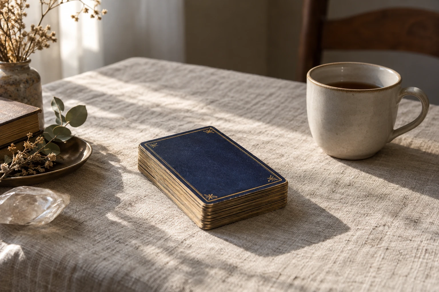 Jeu de cartes divinatoires posé sur nappe, tasse de thé, bol de cristaux et fleurs séchées lumière douce matin