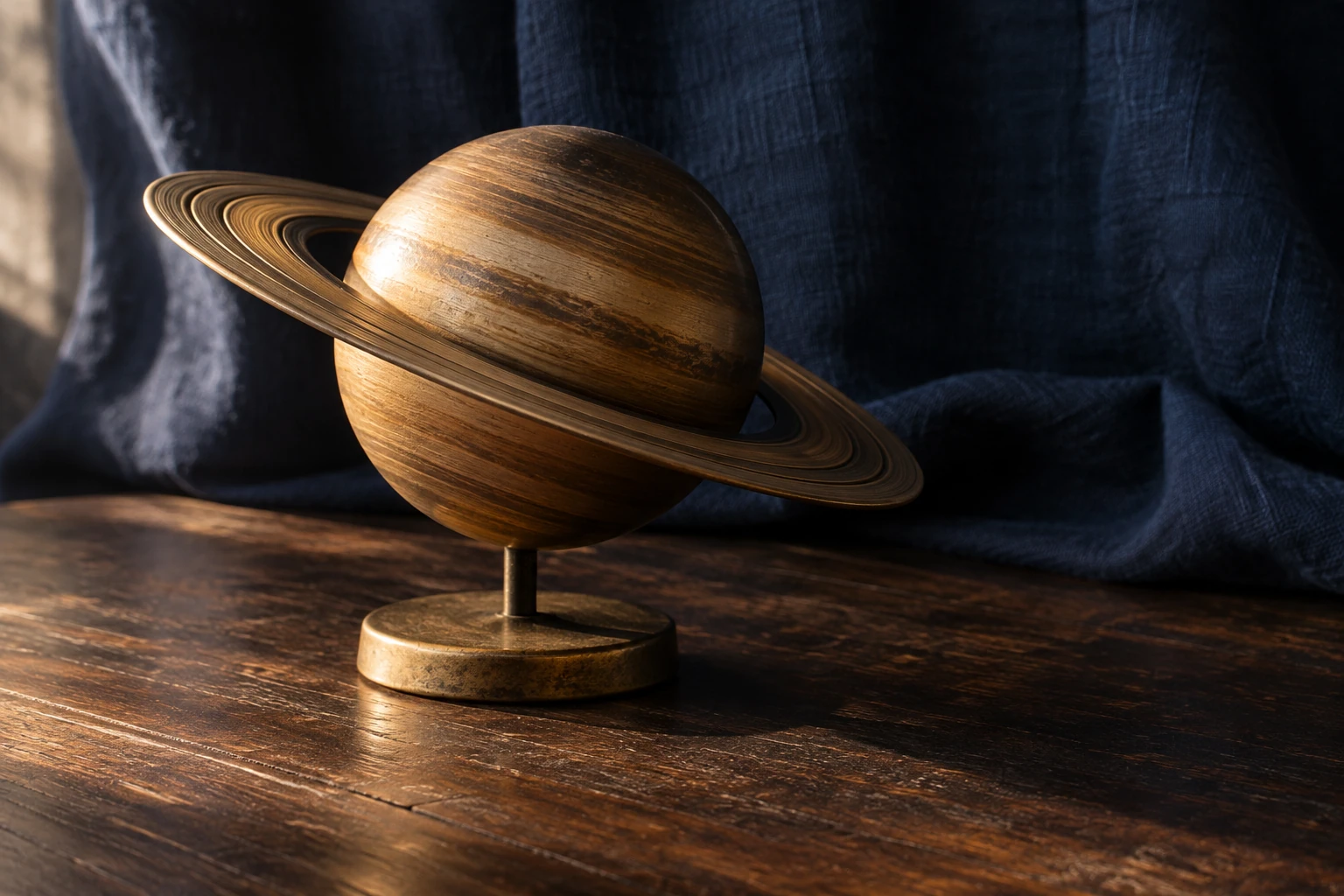 Maquette en bois de la planète Saturne avec anneaux posée sur une table en bois