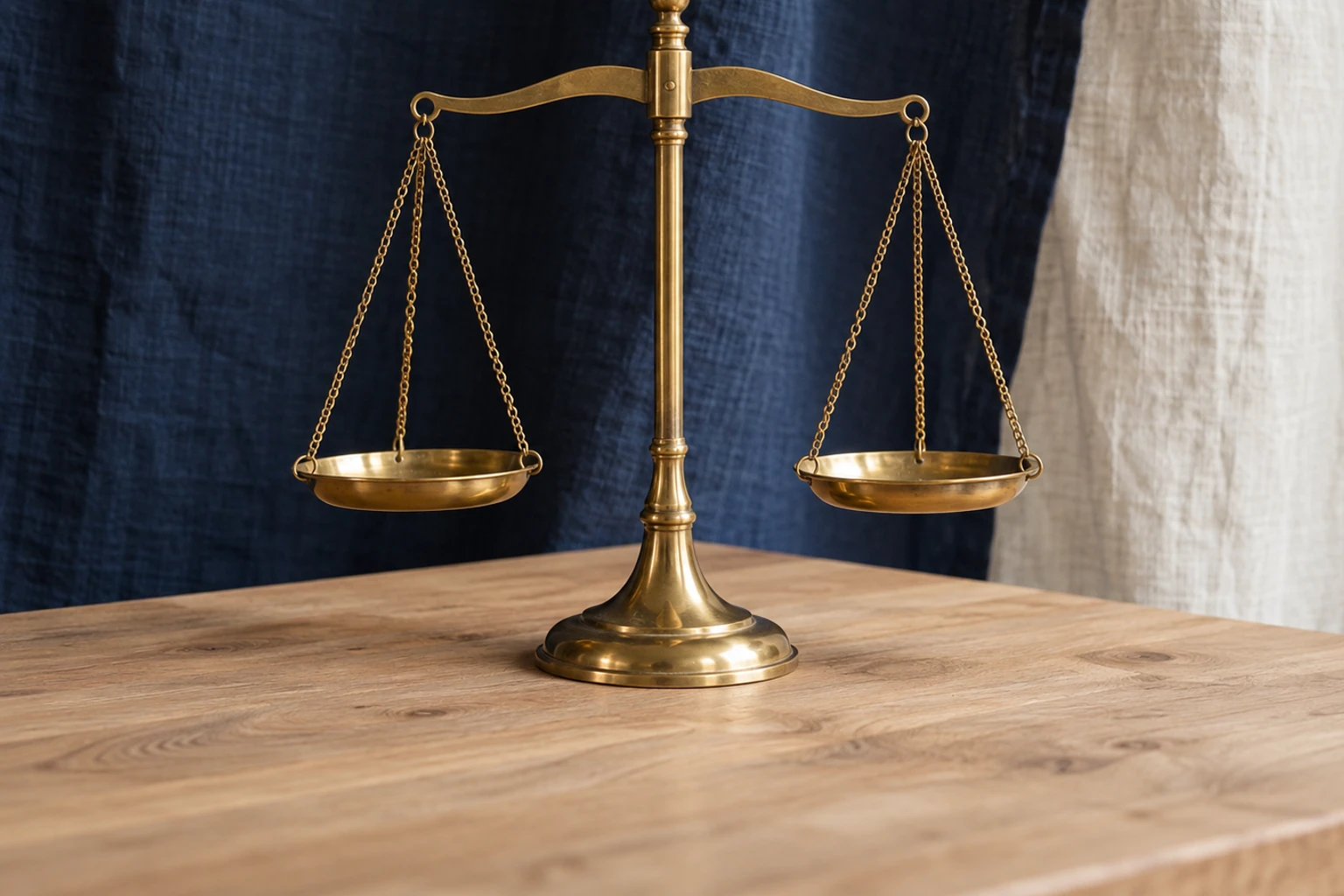 Balance à plateaux en laiton posée sur une table en bois, fond de tissu bleu et blanc